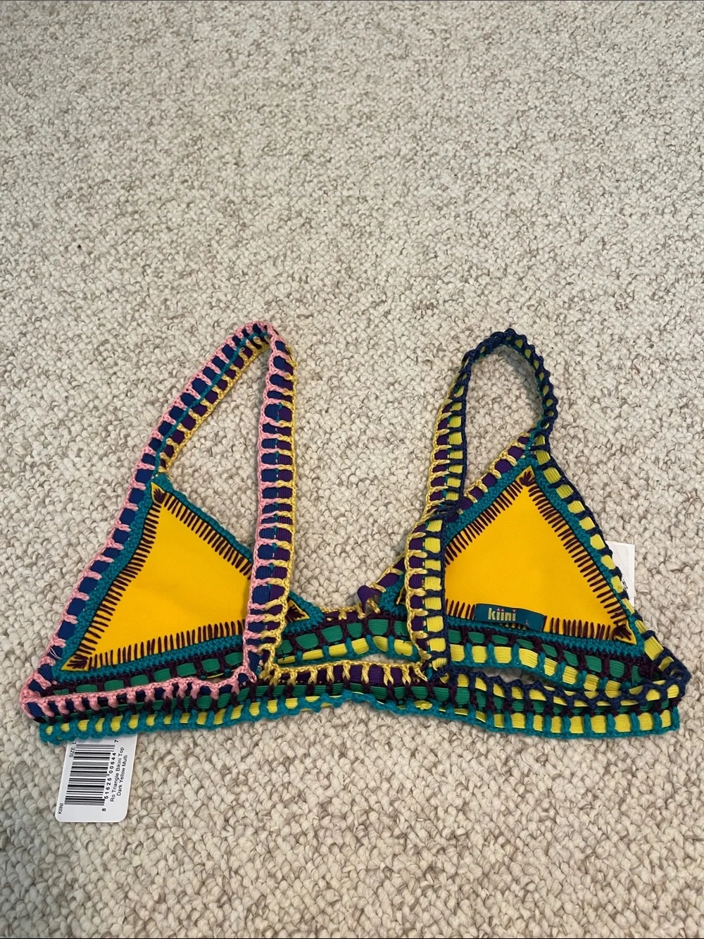 NWT KIINI Yellow Crochet-Trim Bikini Set with Multicolor Edging Large